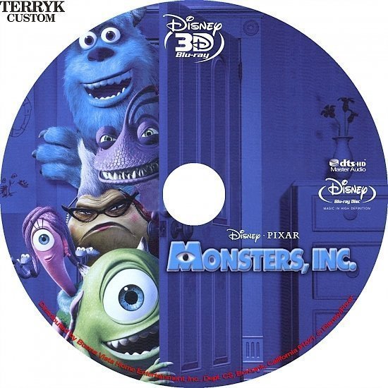 Monsters, INC. 3D (2001) Custom Blu-Ray DVD Label 