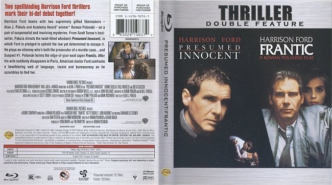 Presumed Innocent & Frantic (1987-1990) Blu-Ray Cover & Label 